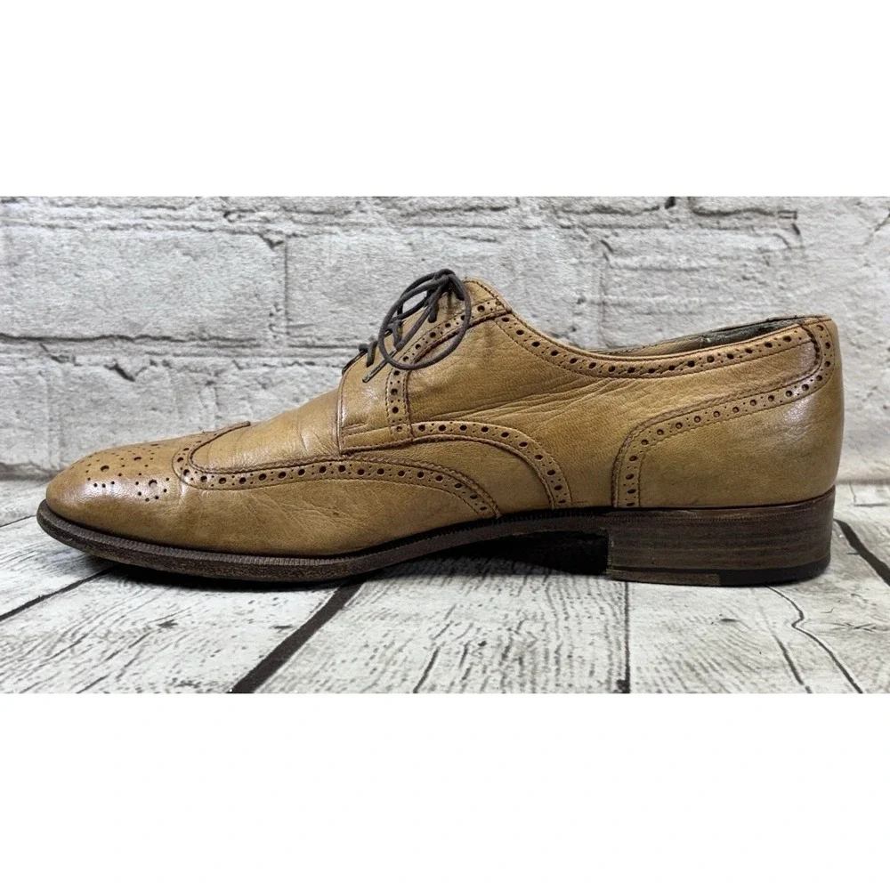 Salvatore Ferragamo Men's Tan Leather Wingtip Oxford Brogue‎ Shoes 8.5D Italy